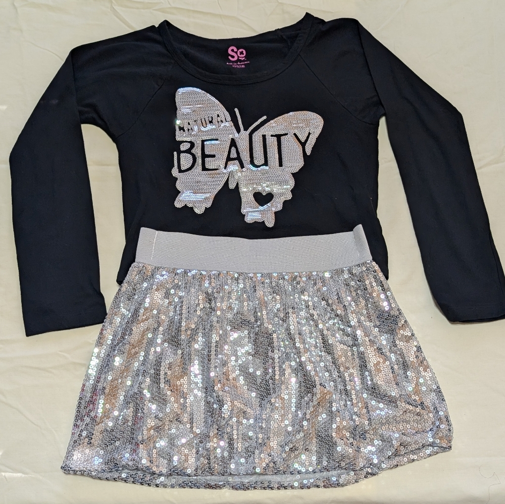 SO Girl's Black Long Sleeve and Silver Sequin Butterfly Outfit, Size XS/S 7/8